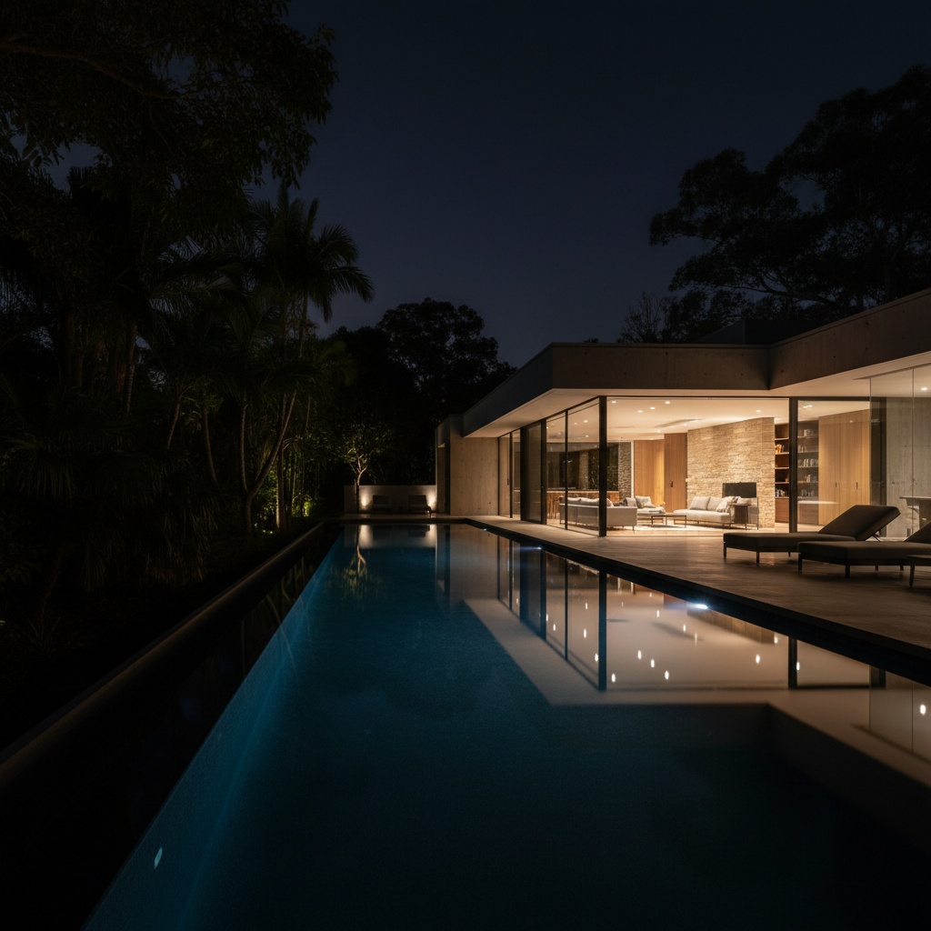 A black lap pool at night beside a lit concrete and glass house