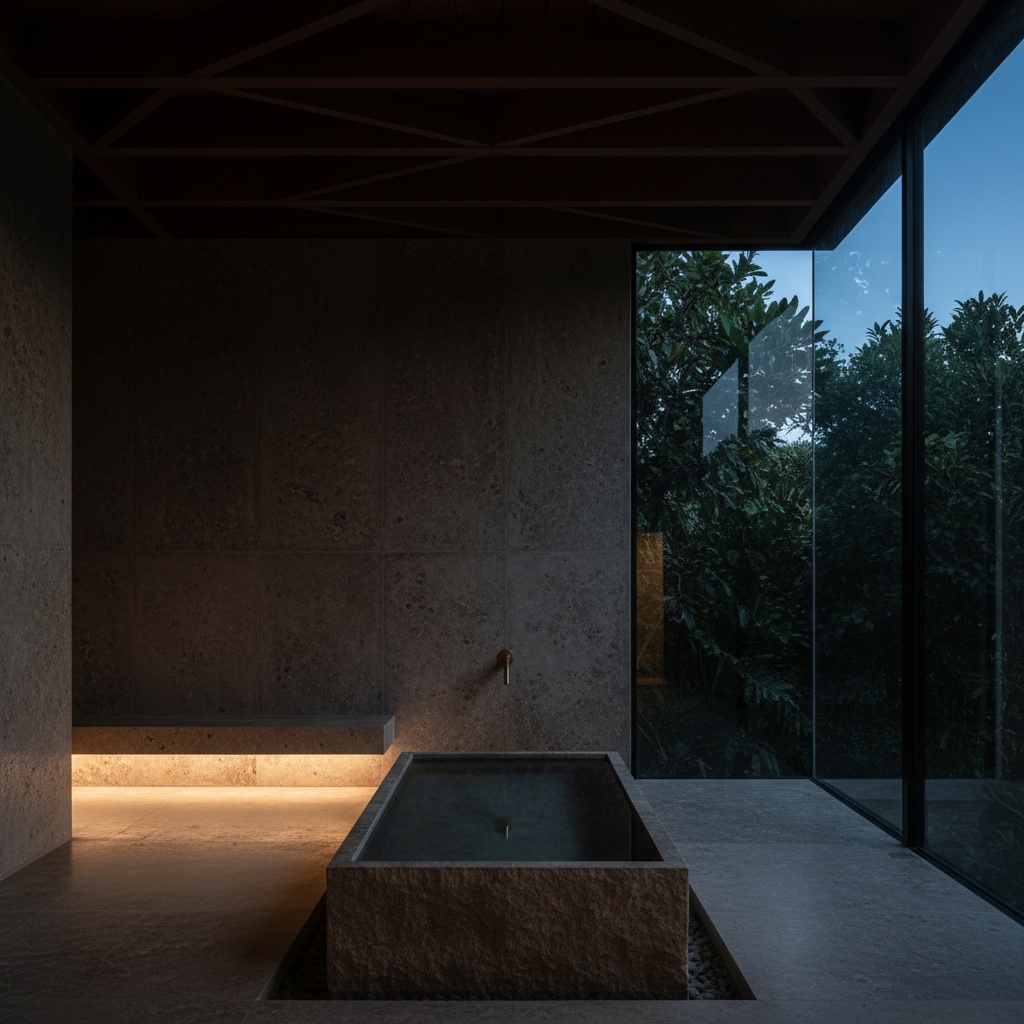 A carved stone water vessel, still and mirror flat, in a dark travertine room opening to subtropical foliage