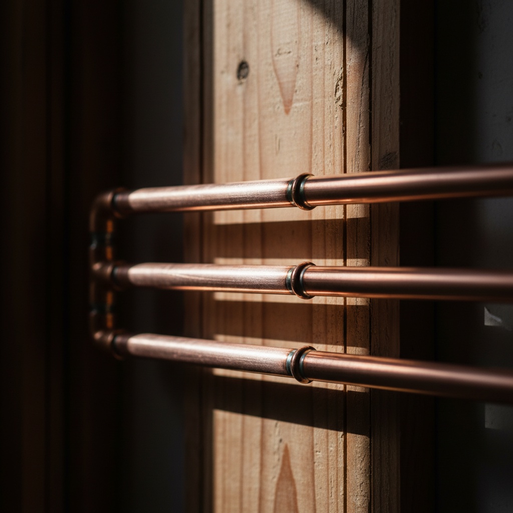 Three parallel copper lines with clean soldered joints, lit by a single shaft of daylight