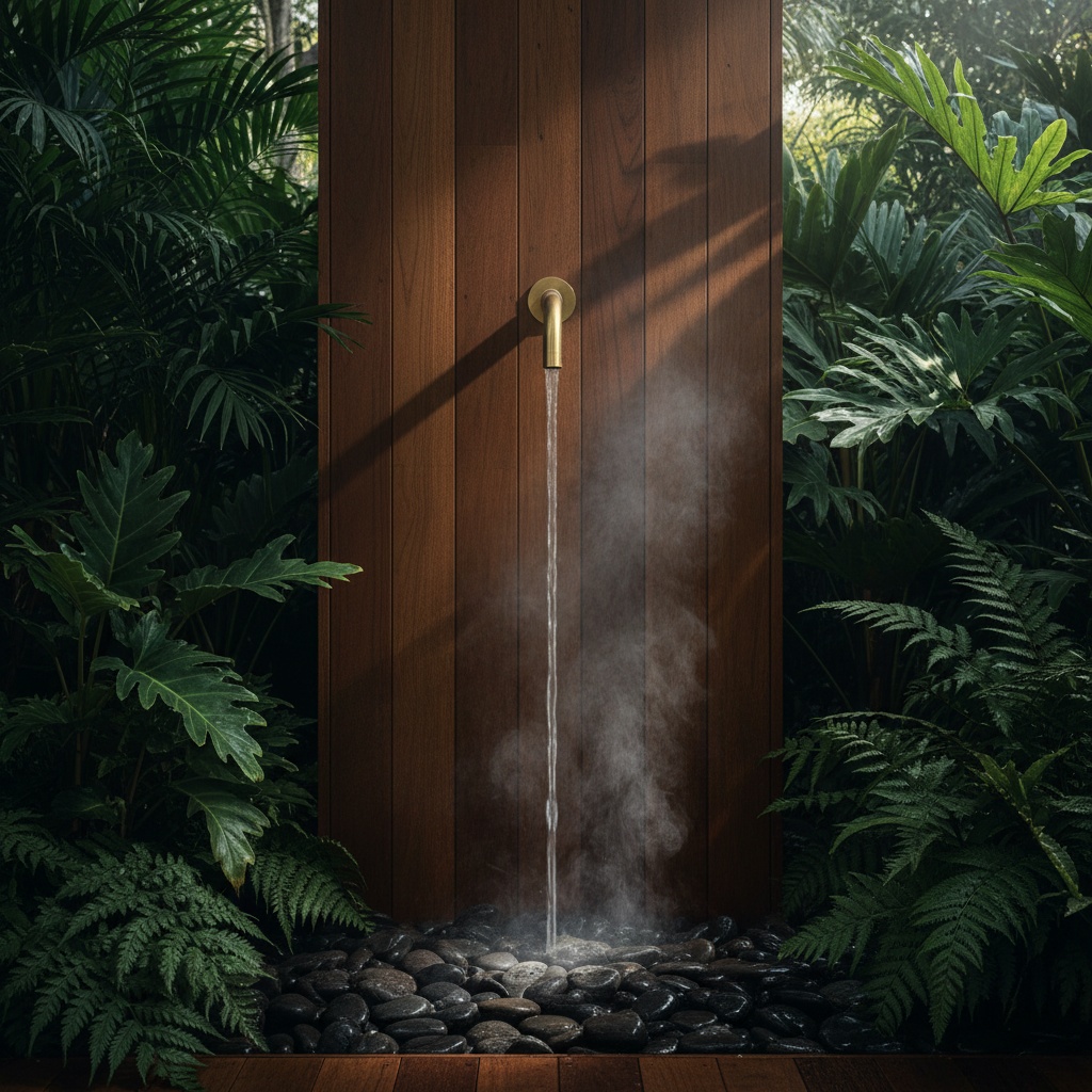 A brass spout on dark timber, water falling to river stones among subtropical planting