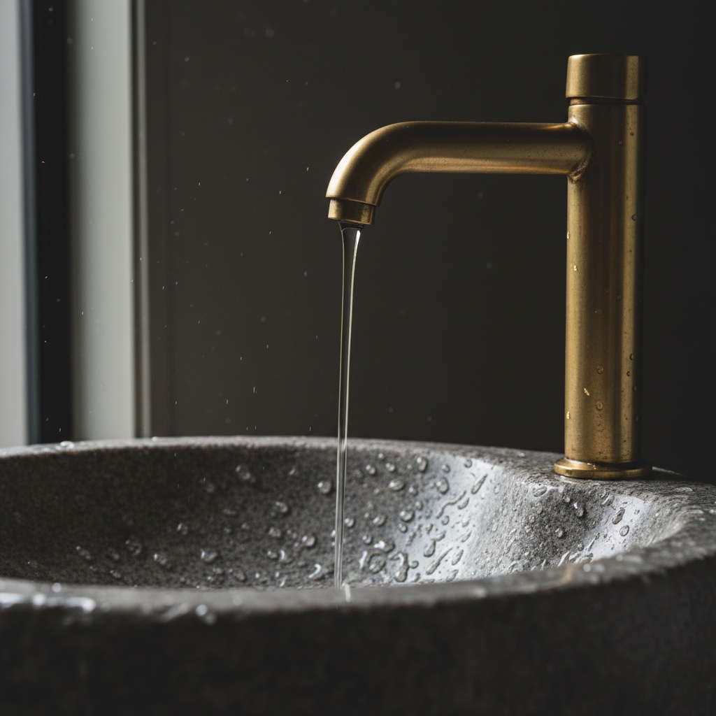 An unlacquered brass tap running a fine thread of water onto a carved stone basin